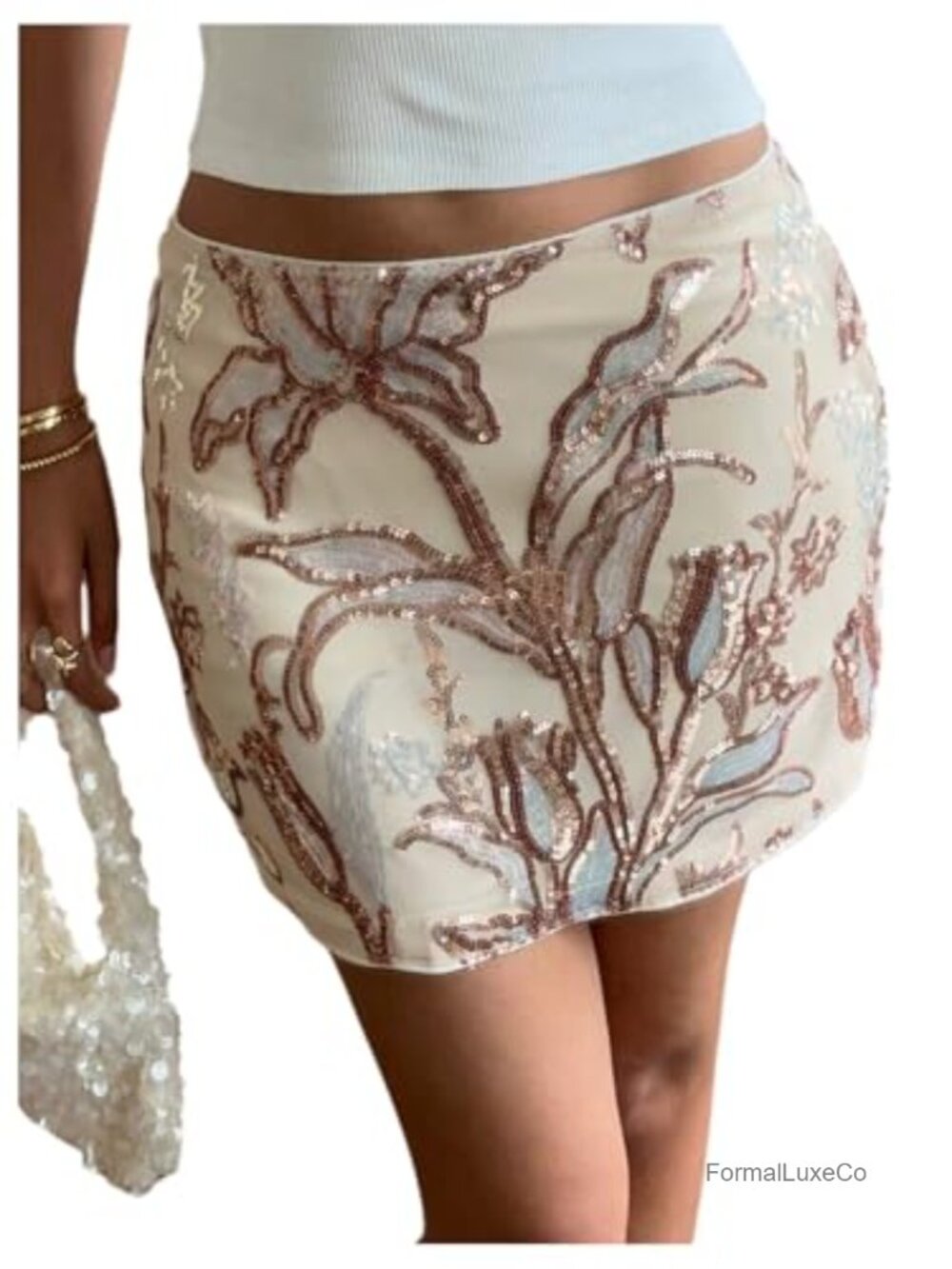 Sequin Floral Mini Skirt Bodycon Low Rise Drop Waist Party Y2K